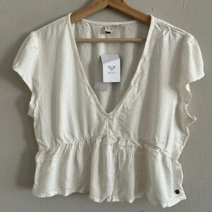 ROXY Ivory Textured Cropped Top Short Sleeve V Neck Peplum hem Size XL